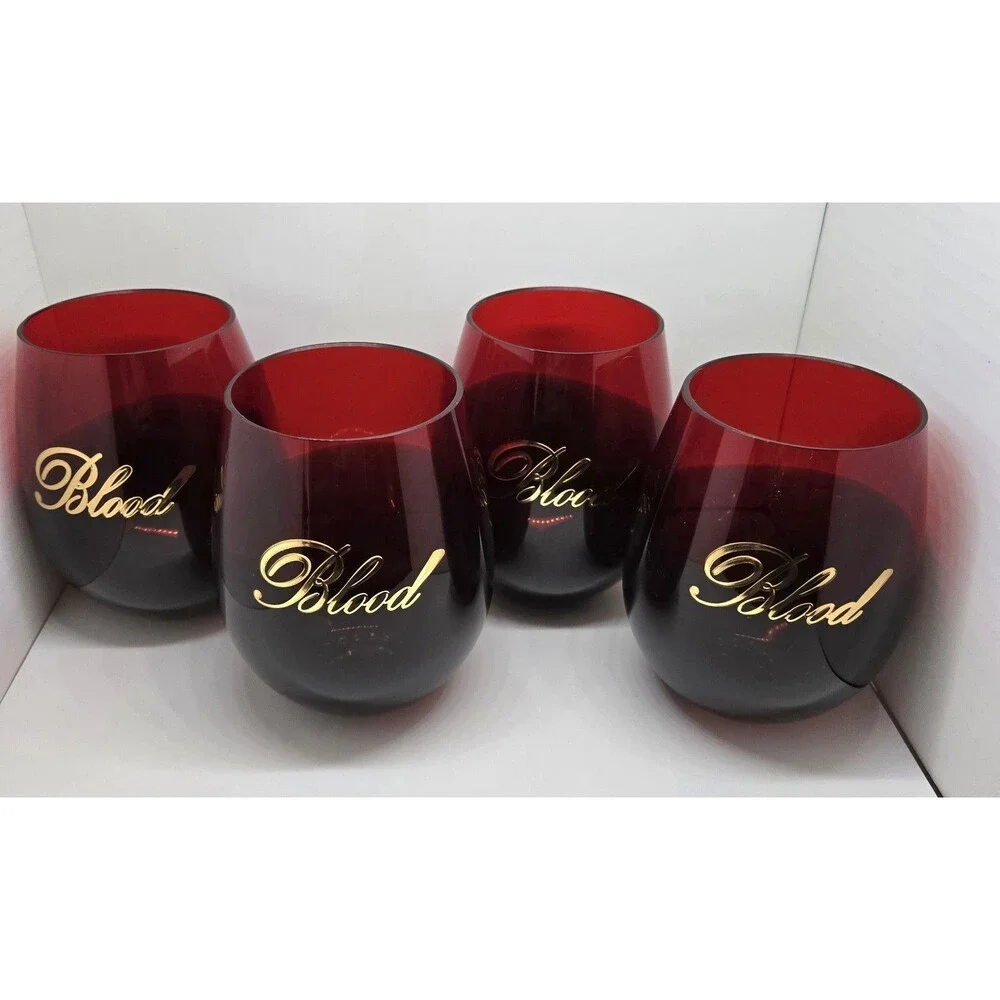 Set of 4 Halloween Blood Stemless Wine Glasses Red Black Ombre Gold Script